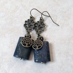 Night Sky + Stars! Deep Blue Speckled Jasper Earrings - Tree of Life - Symbolism